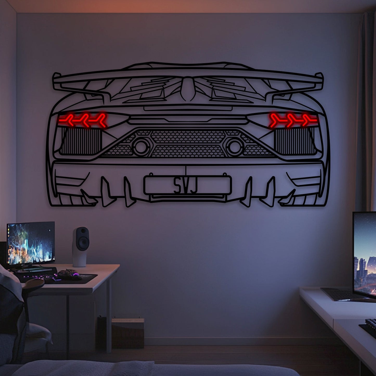 Aventador SVJ Back View Metal Neon Car Wall Art