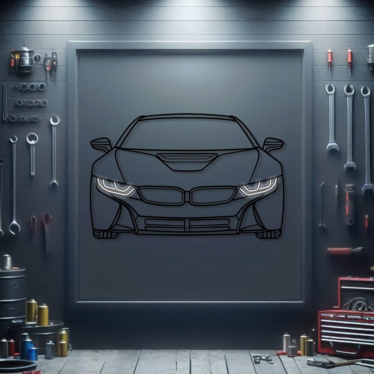 i8 Front View Metal Neon Car Wall Art